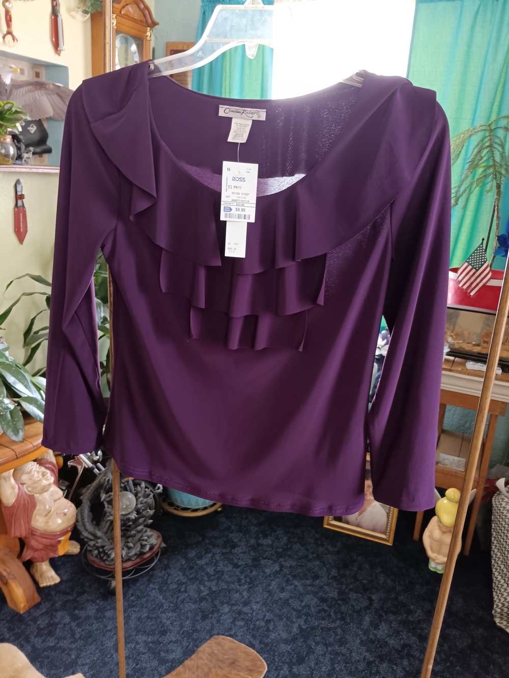 Christopher & Banks Womens Purple Ruffle Neck Long-Sleeve Top